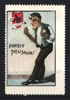 Reklamemarke Mann mit Ball und Wappen, Prosit Neujahr
