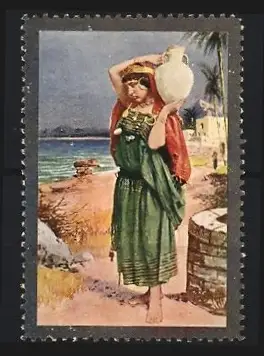 Reklamemarke Dame mit Tonkrug in Tracht an einem Brunnen
