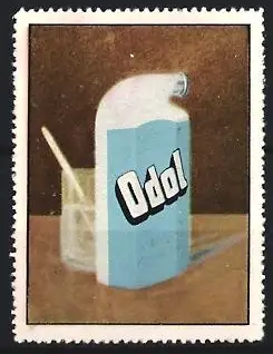 Reklamemarke Odol, Mundwasser, Flasche mit Glas und Bürste