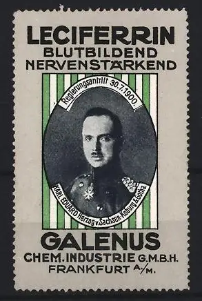 Reklamemarke Frankfurt am Main, Galenus Chem. Industrie, Leciferrin, Karl Eduard Herzog v. Sachsen-Coburg u. Gotha