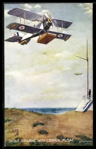 Künstler-AK Britisches Aufklärungs-Wasserflugzeug im Fluge über der Küste