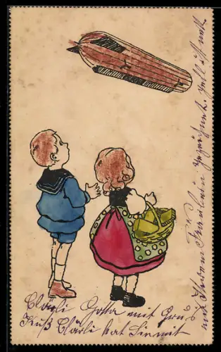 AK Kinder betrachten einen deutschen Zeppelin