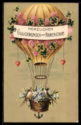 AK Schwalben fliegen mit Ballon, Glücksklee u. Vergissmeinnicht, Neujahrsgruss