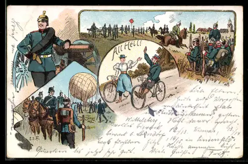 Lithographie Soldaten mit Ballon, Dame und Soldat auf Fahrrädern
