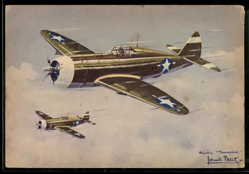Künstler-AK Jagdflugzeug Republic P-47 Thunderbolt der USAAF im Fluge