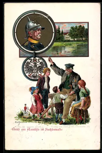 Lithographie Portrait Bismarck, Alter Mann erzählt Kindern von Bismarck, Wappen