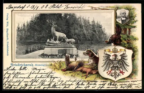 Passepartout-Lithographie Friedrichsruh, Denkmal Hirschgruppe, Wappen