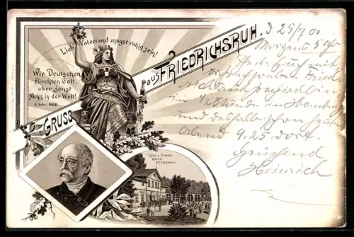 Lithographie Friedrichsruh, Lieb Vaterland magst ruhig sein, Porträt Bismarck & Hotel / Pension Werner