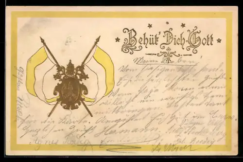 Präge-AK Seitenprofil von Papst Leo XIII., Wappen und Fahnen