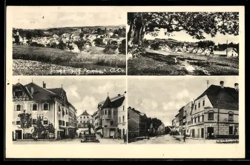 AK Peuerbach /O.-Ö., Panorama mit Hauptplatz und Strasse