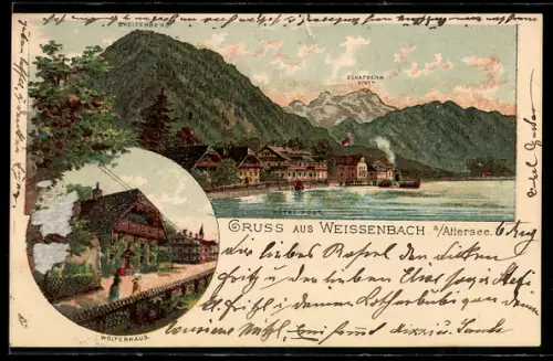 Lithographie Weissenbach a. Attersee, Hotel Post, Wolterhaus und Schafberg