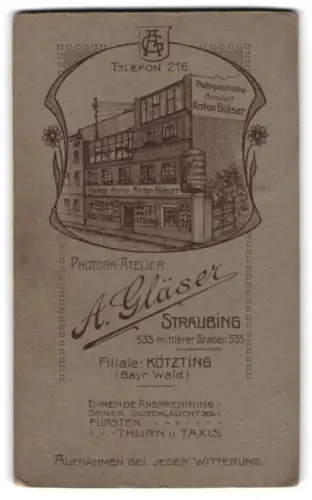 Fotografie A. Gläser, Straubing, Mittlerer Graben 535, Ansicht Straubing, Monogram des Fotografen, Ansicht des Ateliers