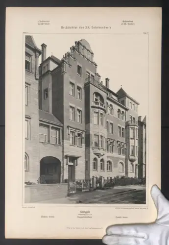 Fotografie Lichtdruck Ernst Wasmuth, Berlin, Ansicht Stuttgart, Doppelwohnhaus in der Sattlerstrasse 27 u. 29, 48 x 32cm