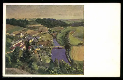 Künstler-AK Langhalsen /Ob. Öst., Panorama mit Kirche und Brücke am Fluss