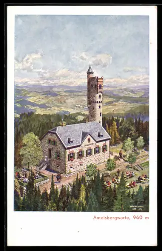 Künstler-AK Sarleinsbach /O. Ö., Ameisbergwarte, Aussichtsturm mit Berghaus und Panorama