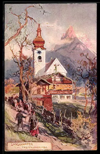 Künstler-AK Langkampfen, Kirche und Haus, Bergpanorama mit Treffauerspitze