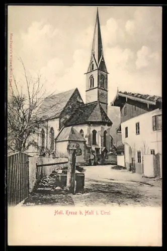 AK Hall i. Tirol, Heiligkreuz, Kirche, Ortspartie