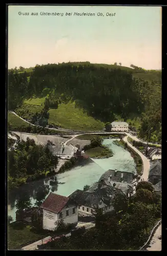 AK Unternberg bei Neufelden, Ortsansicht, Fluss mit Brücke