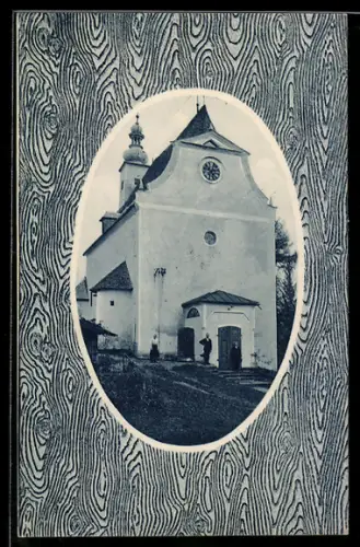 AK Maria Trost bei Rohrbach, Wallfahrtskirche, Baumrinden-Passepartout
