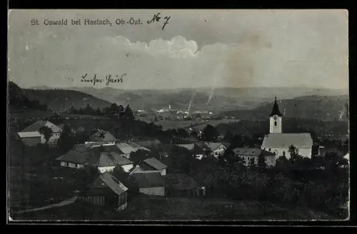 AK St. Oswald bei Haslach, Ortspanorama mit Kirche und Fernblick