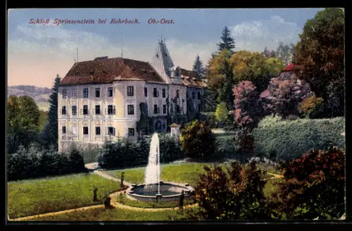 AK Sarleinsbach, Schloss Sprinzenstein bei Rohrbach mit Springbrunnen und Park