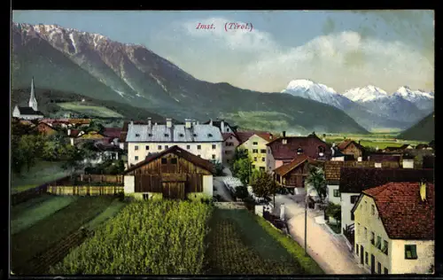 AK Imst /Tirol, Ortsansicht und Gebirgspanorama, Kirche