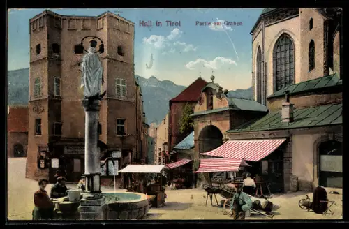 AK Hall in Tirol, Marktstände am Graben, Brunnen mit Säulendenkmal