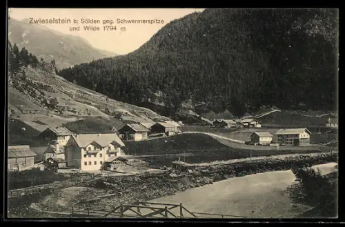 AK Zwieselstein b. Sölden, Ortsansicht mit Bach, Schwermerspitze und Wilde
