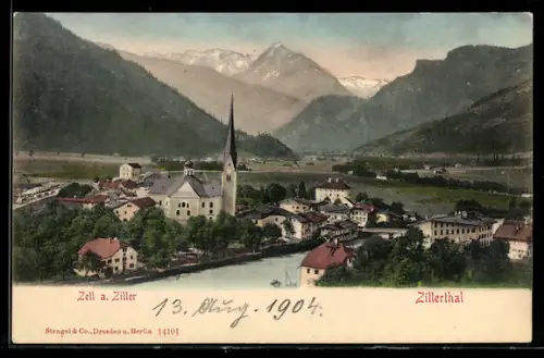 AK Zell a. Ziller, Ortsansicht mit Kirche und Fluss