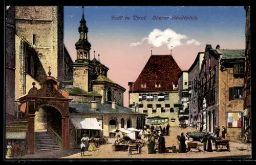 AK Hall in Tirol, Oberer Stadtplatz mit Marktständen