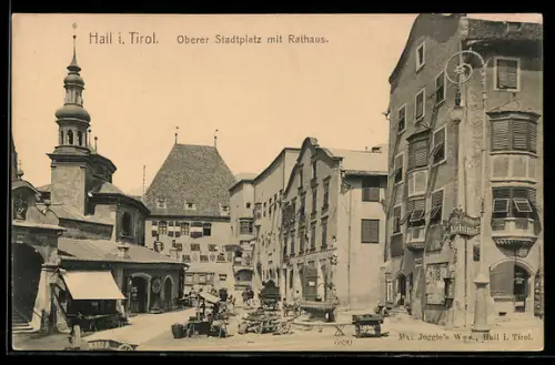 AK Hall i. Tirol, Oberer Stadtplatz mit Rathaus, Marktstände