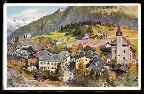 Künstler-AK Grins bei Landeck, Postgasthof-Pension Zum Hirschen, Ortsansicht mit Kirche