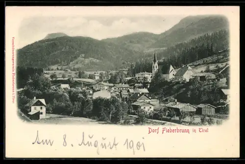 AK Fieberbrunn in Tirol, Dorf mit Kirche und Gebirgspanorama