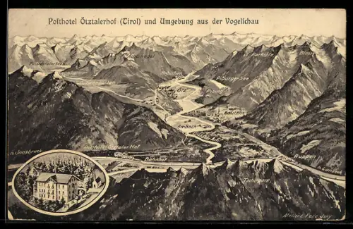 AK Oetz /Oetztal, Posthotel Ötztalerhof, Umgebung aus der Vogelschau
