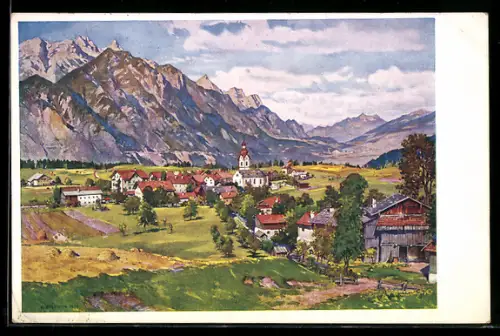 Künstler-AK Oberperfuss, Gesamtansicht mit Bergpanorama