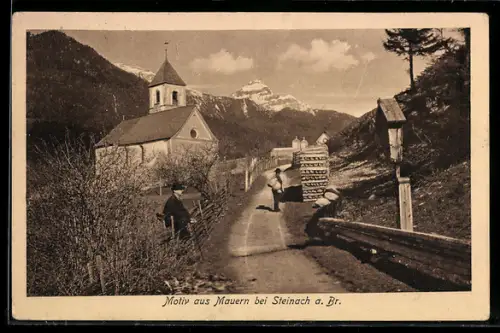 AK Steinach am Brenner, Mauern, Kirche mit Strasse, Bildstock, Bergpanorama