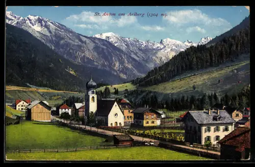 AK St. Anton am Arlberg, Dorf mit Kirche und Bergpanorama