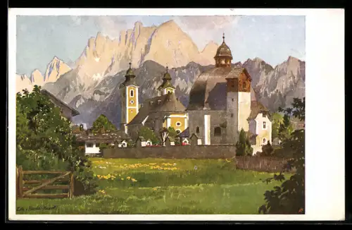 Künstler-AK St. Johann in Tirol, Antoninuskapelle und Pfarrkirche gegen den Wilden Kaiser