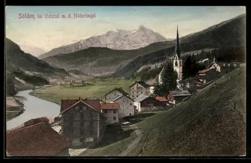 AK Sölden im Ötztal, Dorf mit Kirche und Nöderkogel