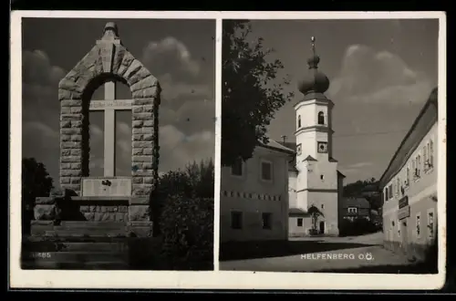 AK Helfenberg /O.-Ö., Strassenpartie mit Kirche, Denkmal