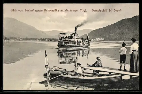 AK Scholastika am Achensee, Blick von Seehof mit Dampfschiff St. Josef