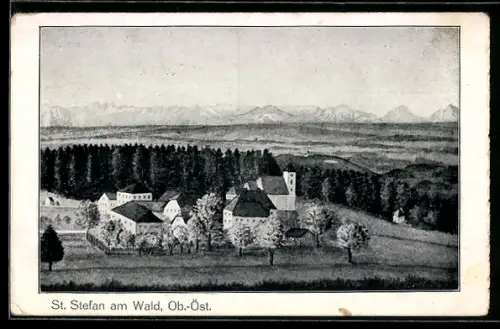 Künstler-AK St. Stefan am Wald, Blick auf die Ortschaft mit der Kirche gegen die Berge