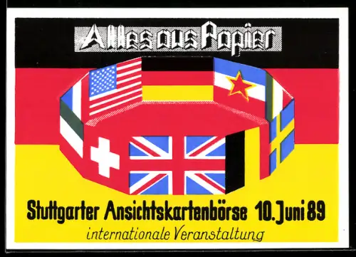 AK Stuttgart, Stuttgarter Ansichtskartenbörse 1989, Ring aus Flaggen versch. Länder