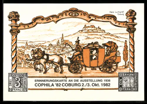 Künstler-AK Coburg, Cophila 1982, 1. Europäische Wettebewerbs-Ausstellung für Erinnophilie und Philokartie, Ganzsache