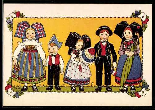 Künstler-AK Hansi: Kinder in Tracht mit Blumen, Schirm und französischer Flagge