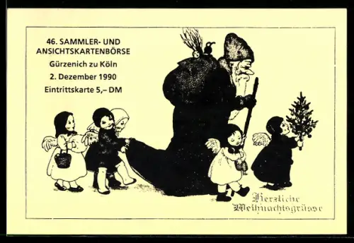 AK Gürzenich bei Köln, 46. Sammler- und Ansichtskartenbörse 1990, Weihnachtsmann mit Weihnachtsengeln