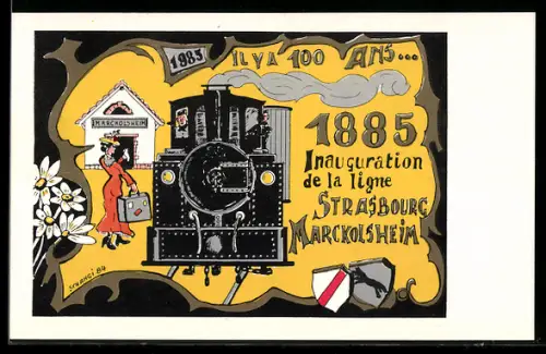 AK Marckolsheim, M. Jean Kientz, Boite postale 3, 1985, Inauguration de la ligne Strasbourg-Marckolsheim 1885