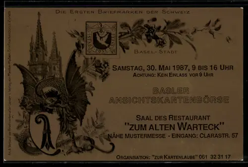 AK Basel, Basler Ansichtskartenbörse 1987, Saal des Restaurant Zum Alten Warteck, Clarastr., Erste Schweizer Briefmarken