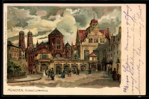 Lithographie München, Künstlerhaus, Panorama mit Frauenkirche