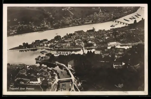 AK Passau, Zeppelin über Passau mit Donau, Inn und Ilz